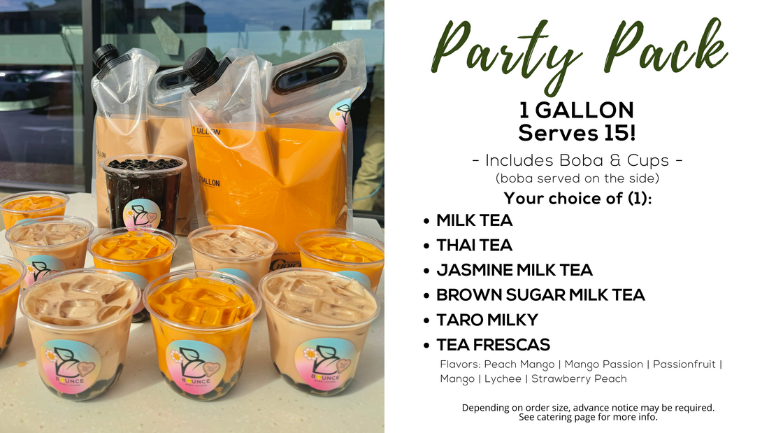 One-gallon Party Pack with cups and boba, serving approximately 15 people