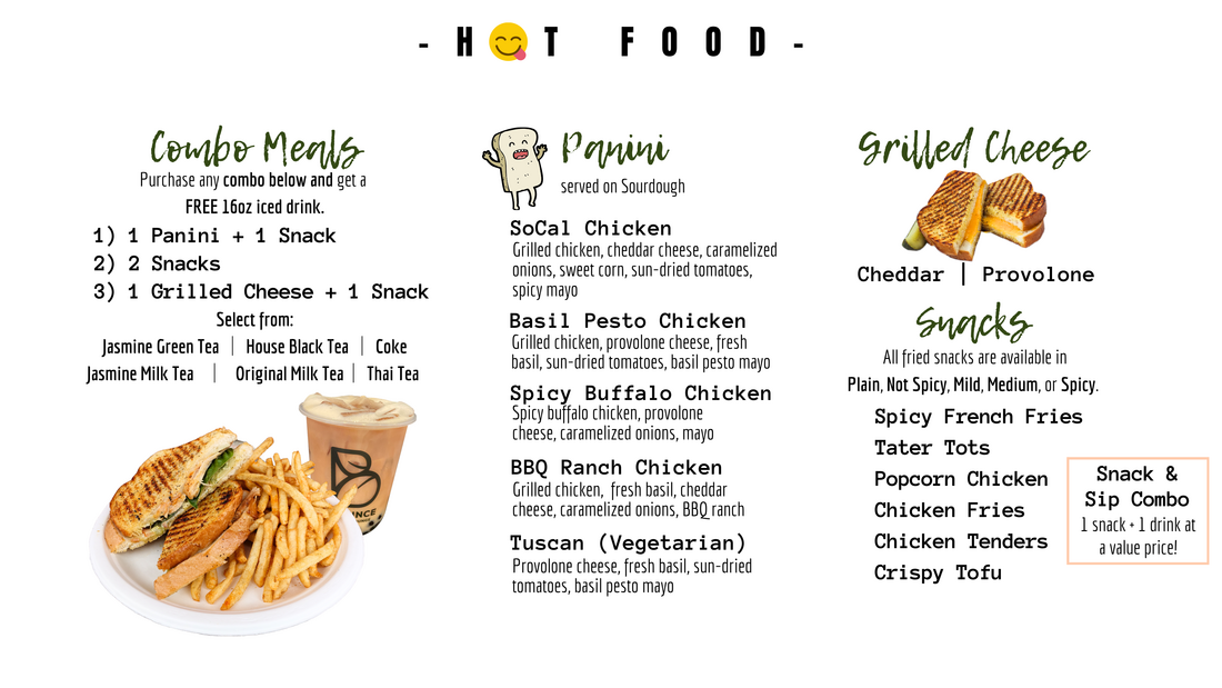 Hot food menu with panini, grilled cheese, fries, chicken and crispy tofu