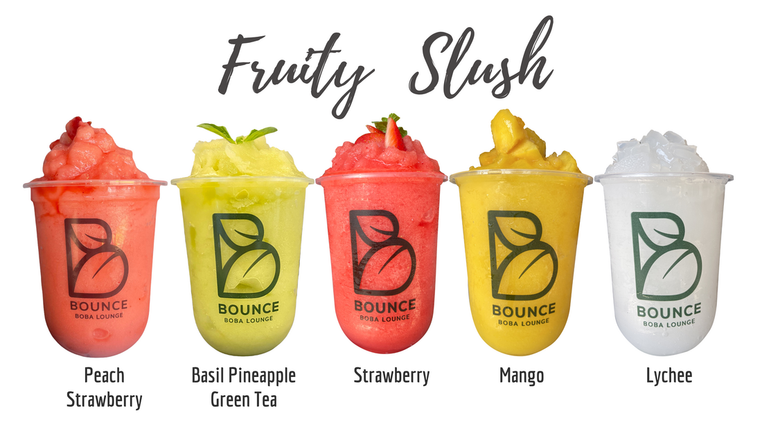 Fruity slushes: peach strawberry, pineapple, strawberry, mango and lychee