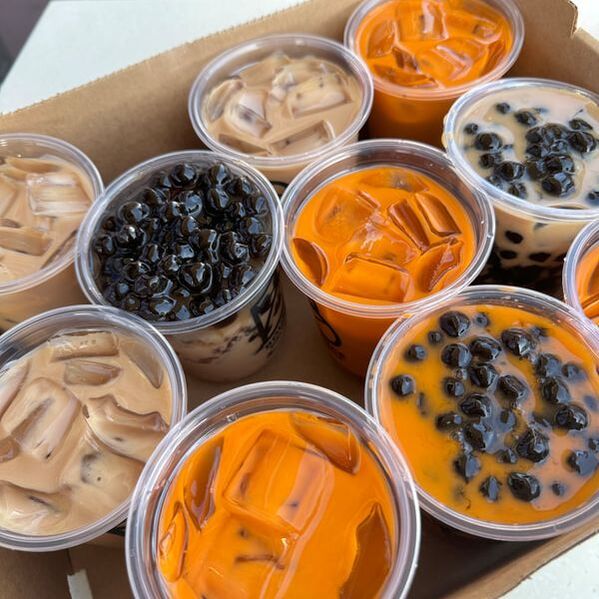 Individually sealed Bounce Boba Lounge drinks for a group